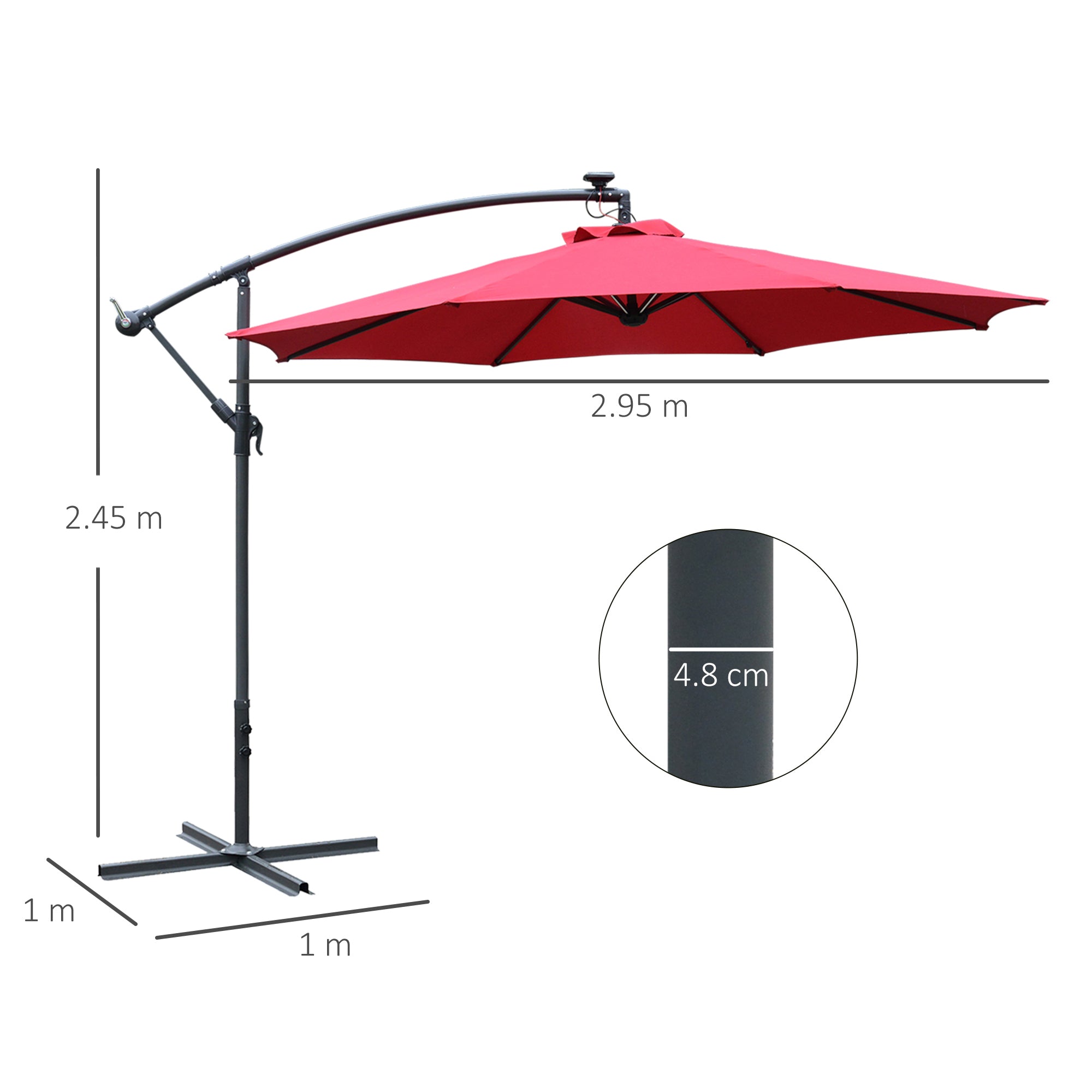 3x2.4m Garden Umbrella with Crank and 8 Solar-Powered LED Strips, Dark Red