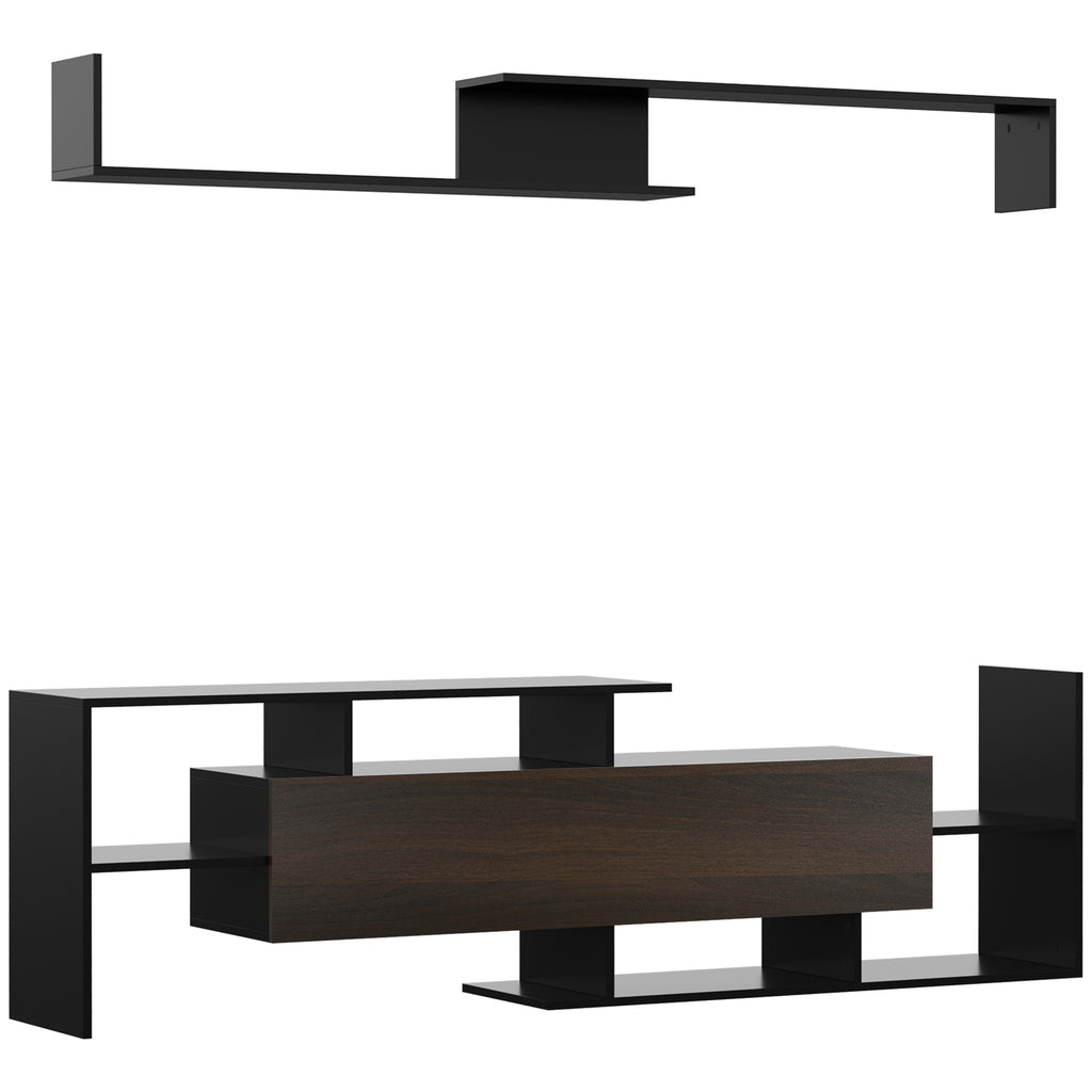HOMCOM Wall-Mounted TV Stand with Open Shelves and Cabinet for Living Room and Bedroom, Black and Dark Brown