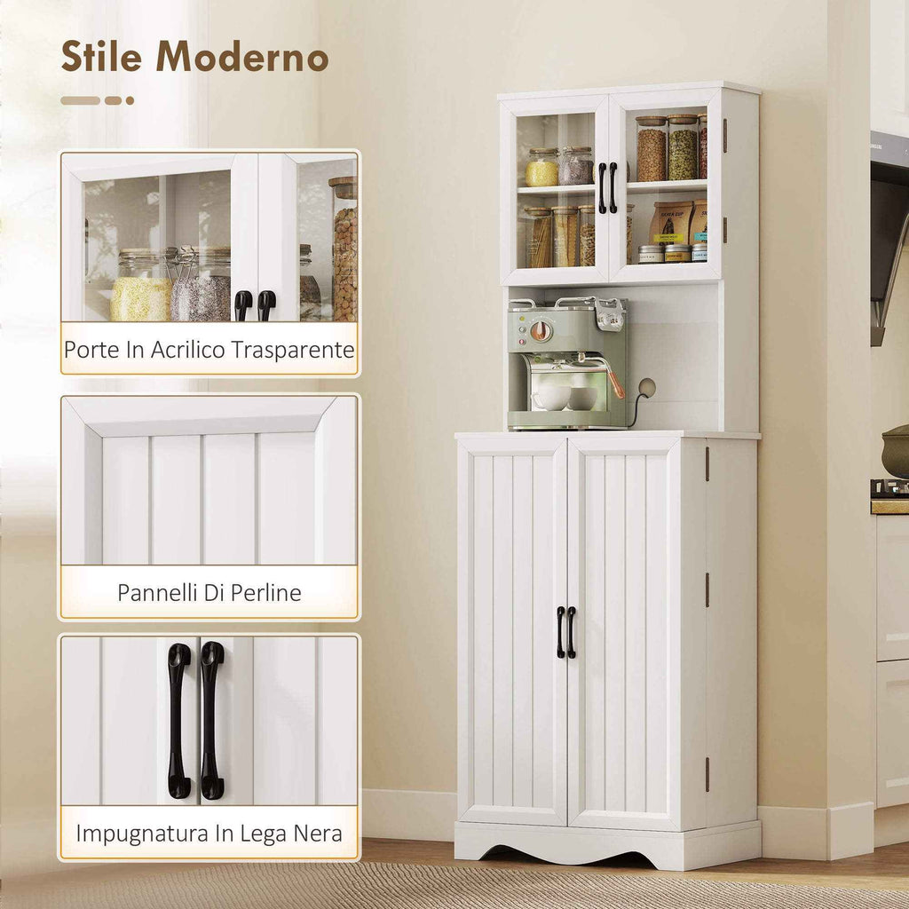 HOMCOM Kitchen Cabinet with 2 Cabinets and 8 Shelves, Wood and Acrylic, 60x39.5x179.6 cm, White