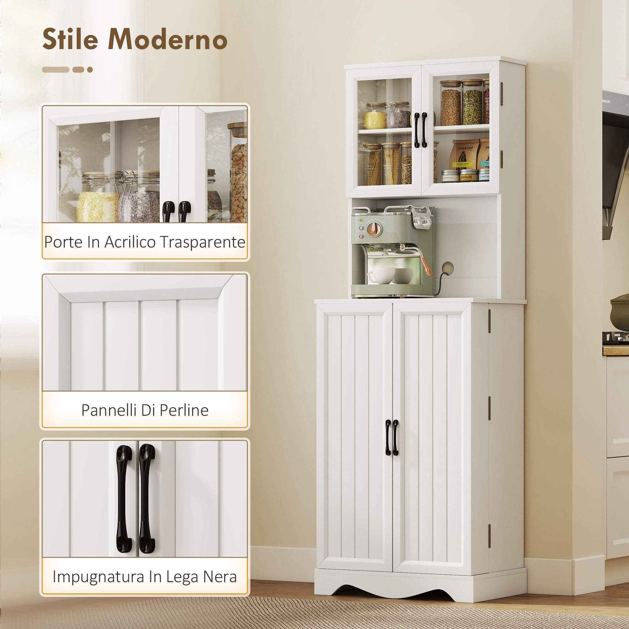HOMCOM Kitchen Cabinet with 2 Cabinets and 8 Shelves, Wood and Acrylic, 60x39.5x179.6 cm, White
