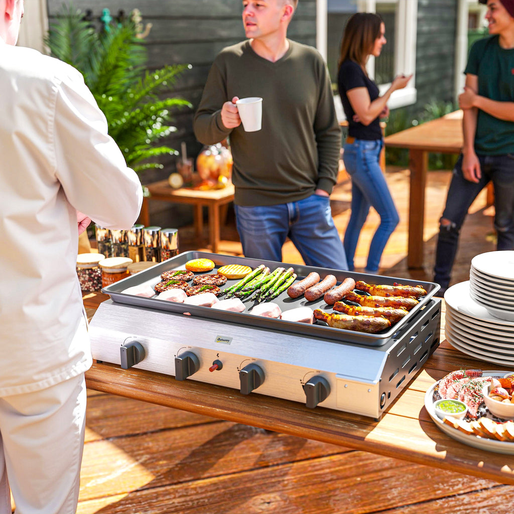 Gas Barbecue Plate with 4 Burners 2.4kw and Non-Stick Top, 77x44.5x19cm, Silver