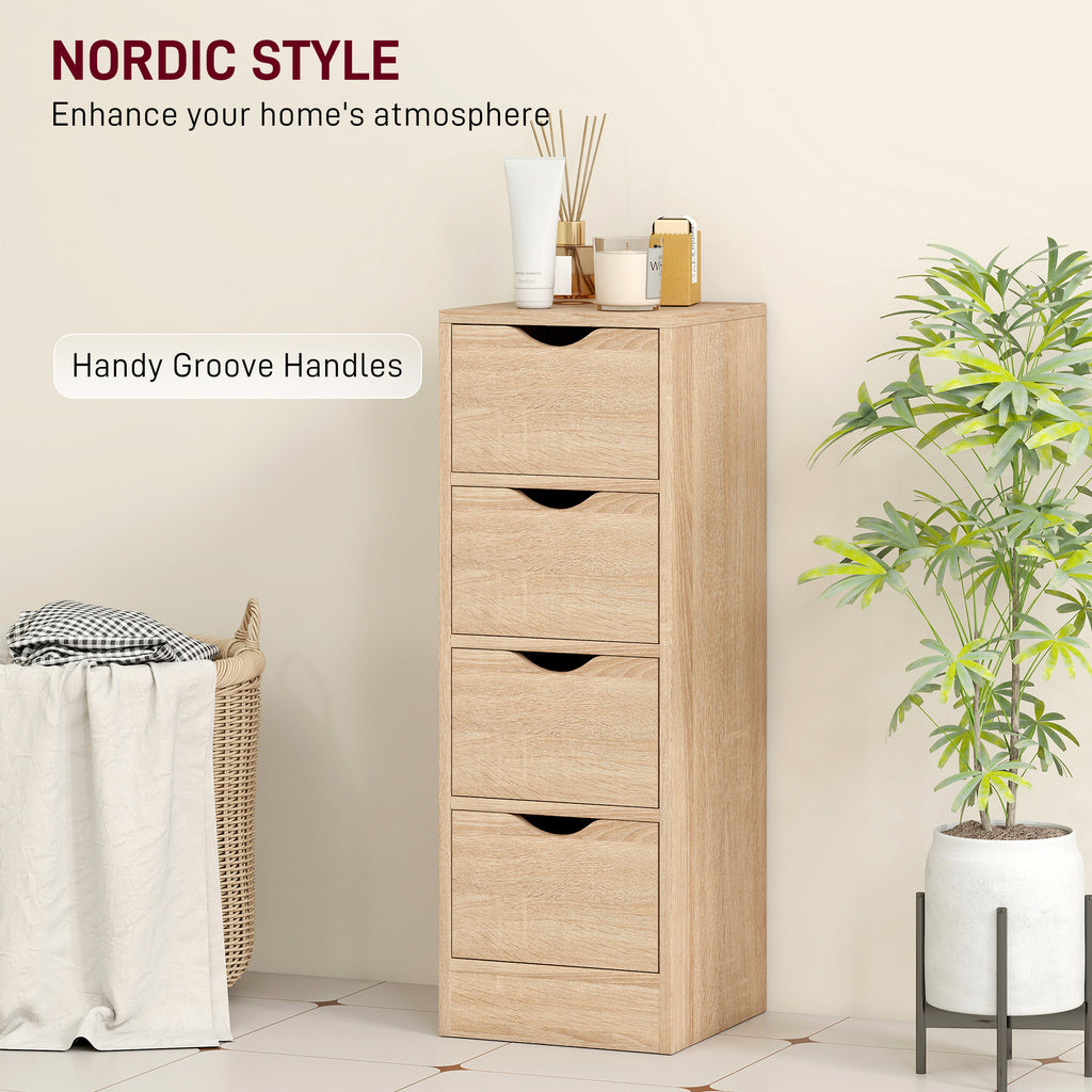 Space-Saving Bathroom Cabinet with 4 Drawers and Carved Handles in Nordic Style, 29x29x83 cm, Natural Wood