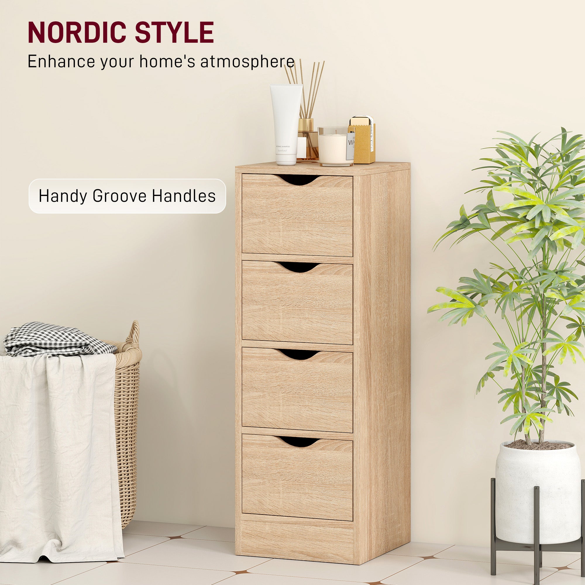 Space-Saving Bathroom Cabinet with 4 Drawers and Carved Handles in Nordic Style, 29x29x83 cm, Natural Wood