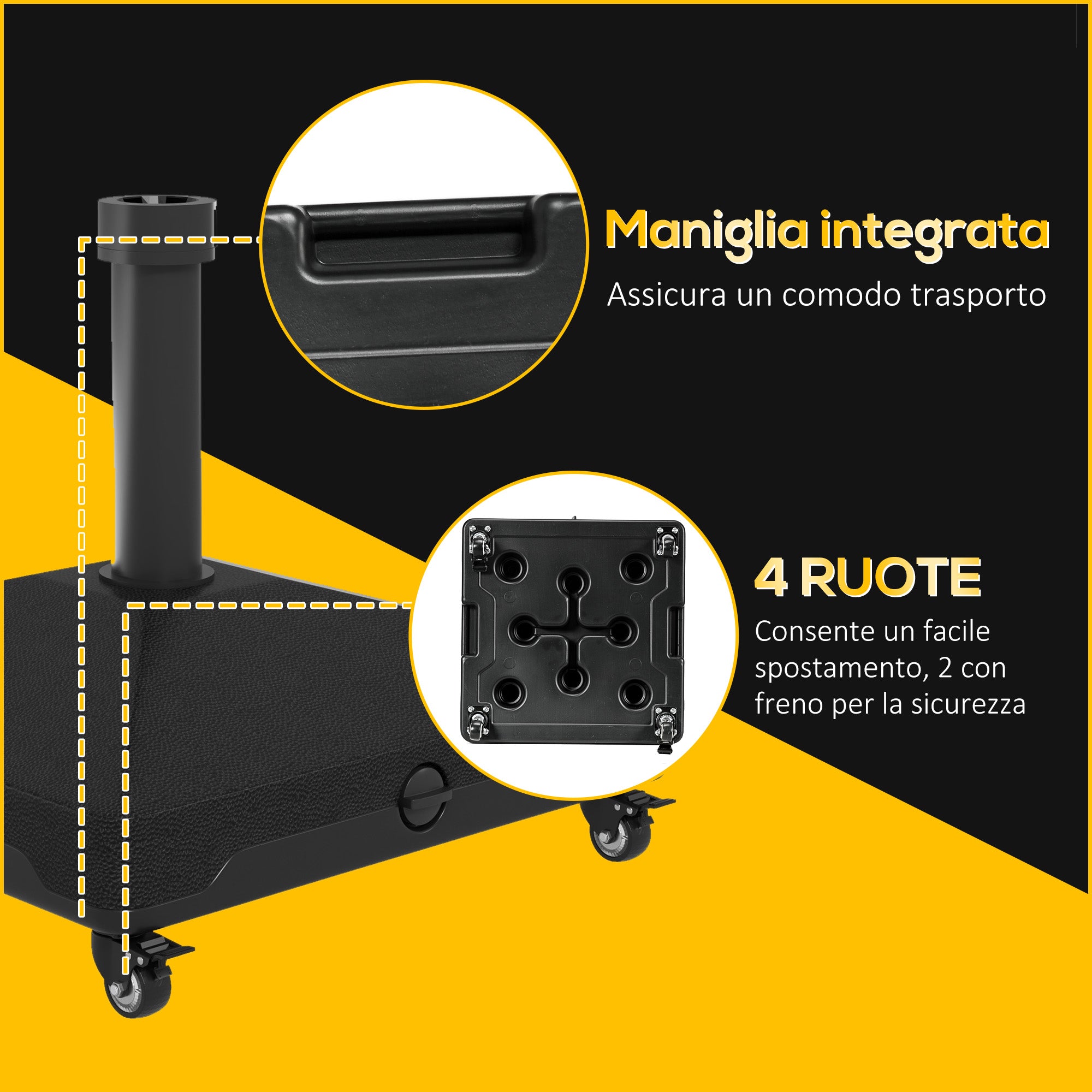 Umbrella Base with Wheels and Built-in Handle, in HDPE and Steel, 45x45x40 cm, Black