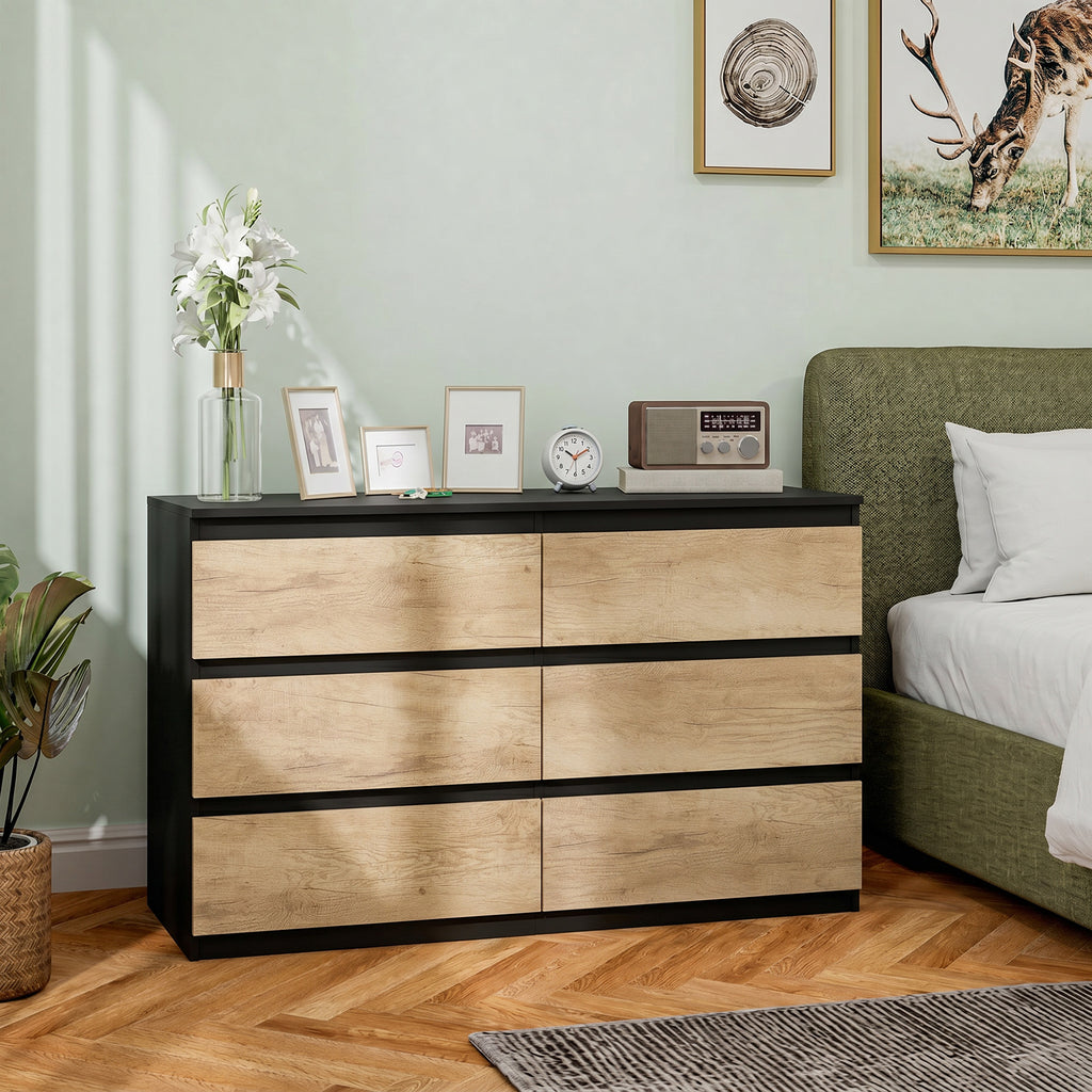HOMCOM 6-Drawer Wooden Bedroom Chest, 120x39x75 cm, Black and Oak