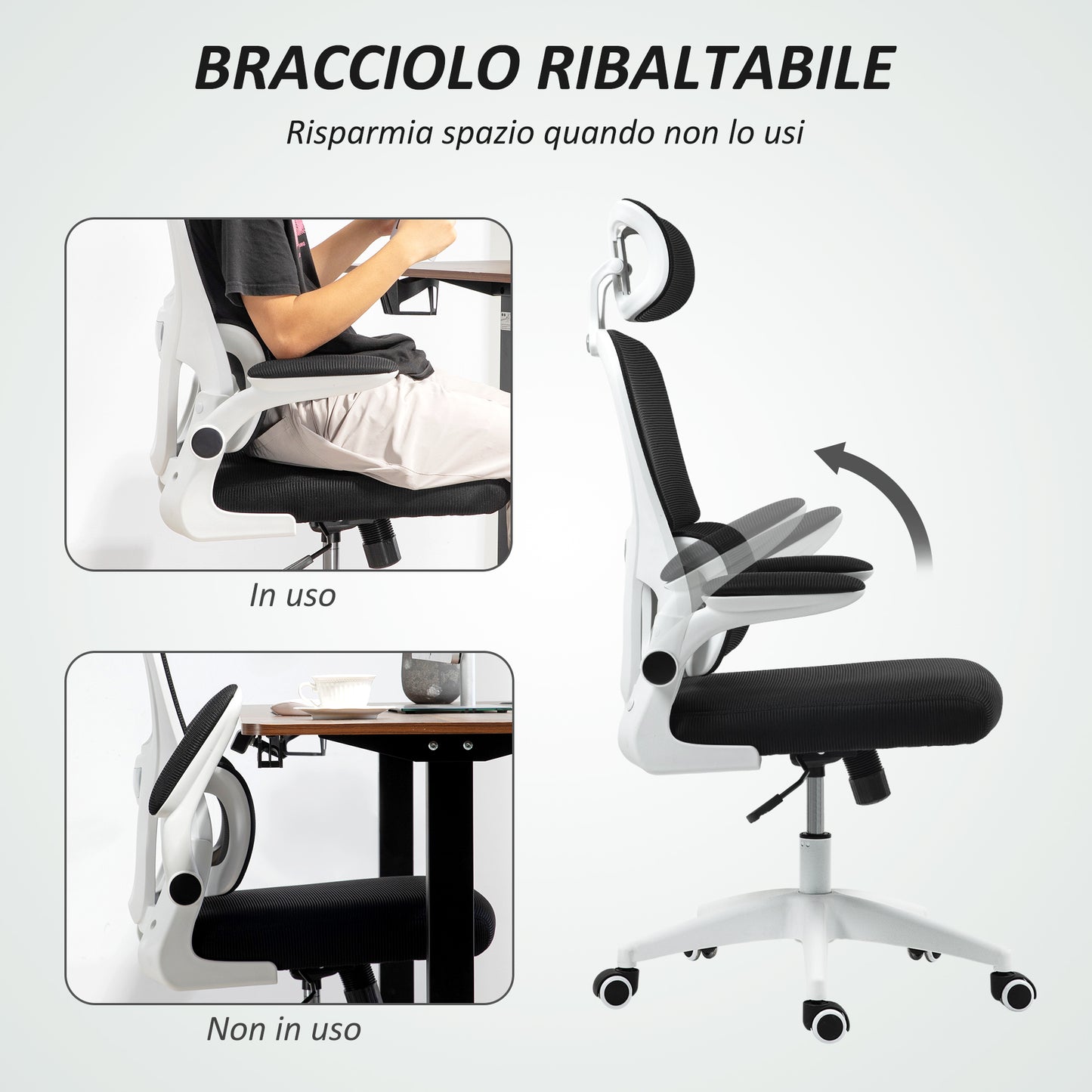 Swivel Office Chair with Adjustable Headrest and Height, Folding Armrests and Tilt, Black