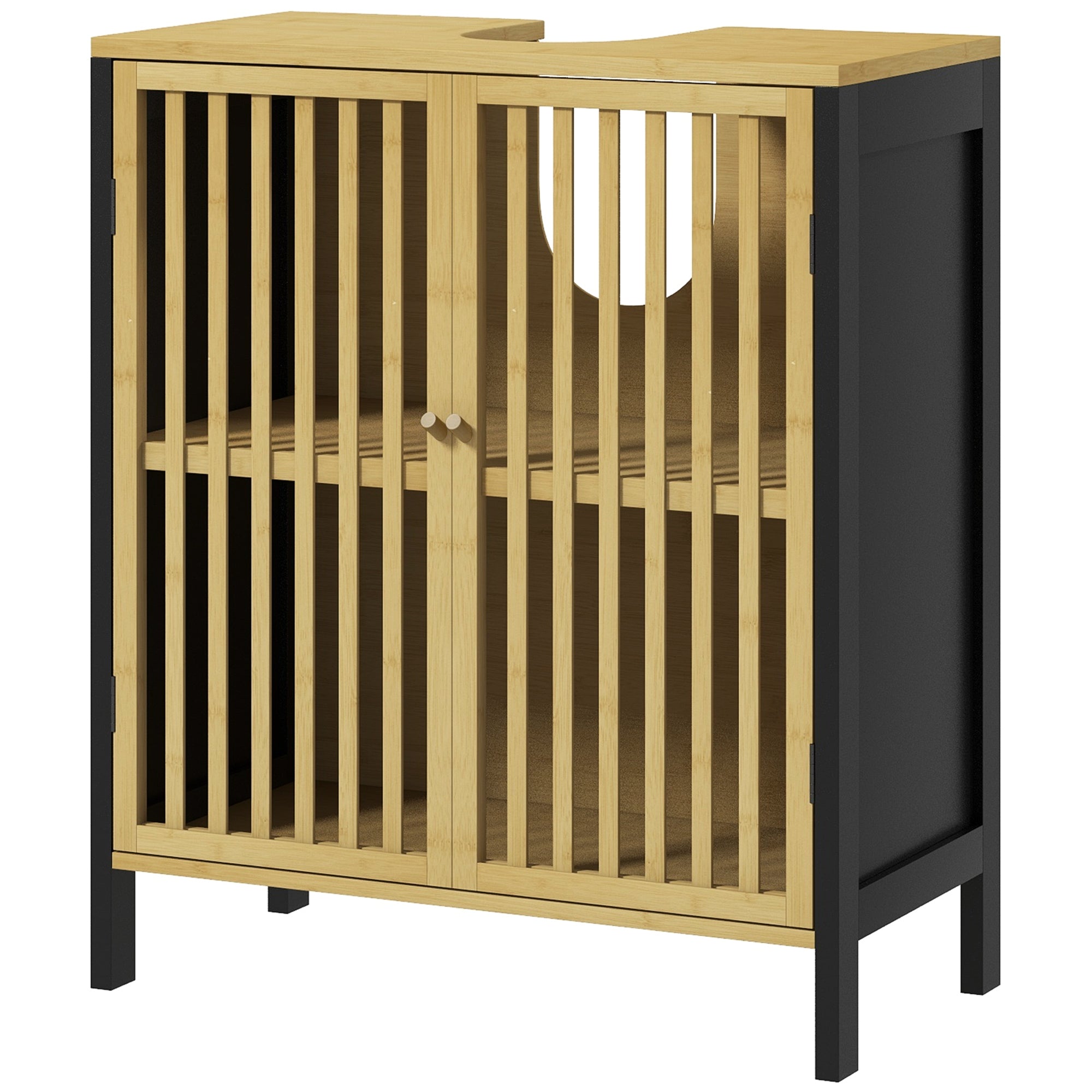 HOMCOM Bathroom Vanity Unit with 2 Slatted Doors in Bamboo Wood and MDF with U-Cut, 60x30x70cm - Borgè
