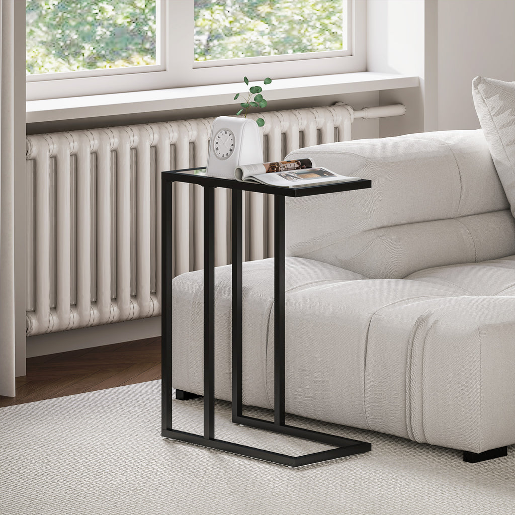 C-Shaped Glass and Steel Coffee Table, 46x25x63.5 cm, Black