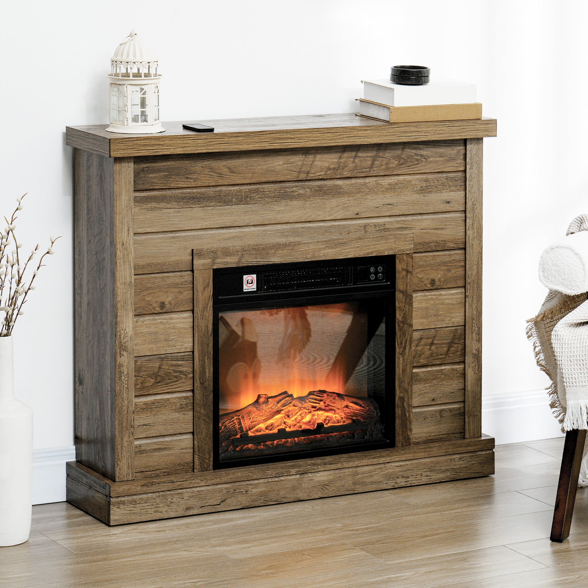 Electric Fireplace 1800W with Flame Effect and Remote Control, in Wood, Metal and Glass, 96.5x22x81.7 cm, Wood color