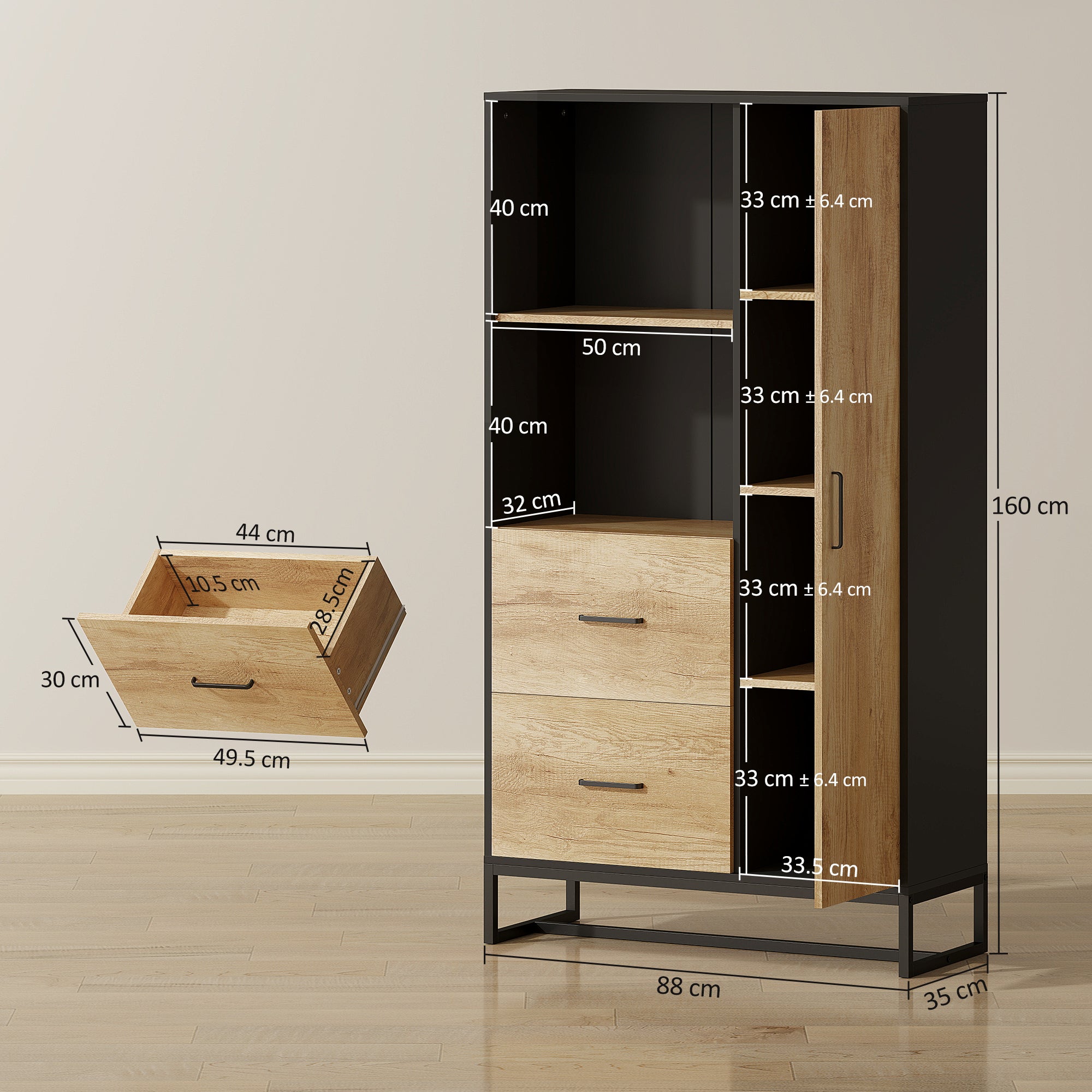 Modern Kitchen Sideboard with 2 Drawers, 2 Shelves and a Cabinet, 88x35x160 cm, Wood and Black
