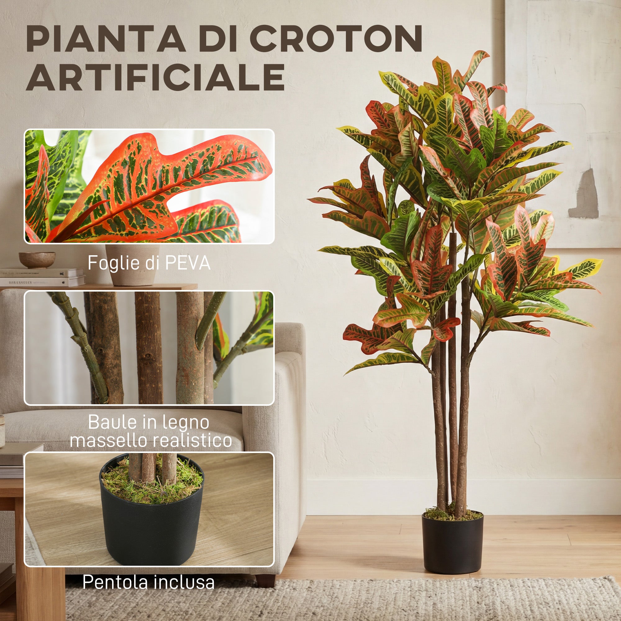 HOMCOM Artificial Croton Plant in Multi-Color, PEVA and Wood, with a PP and Cement Pot, 55x55x120 cm