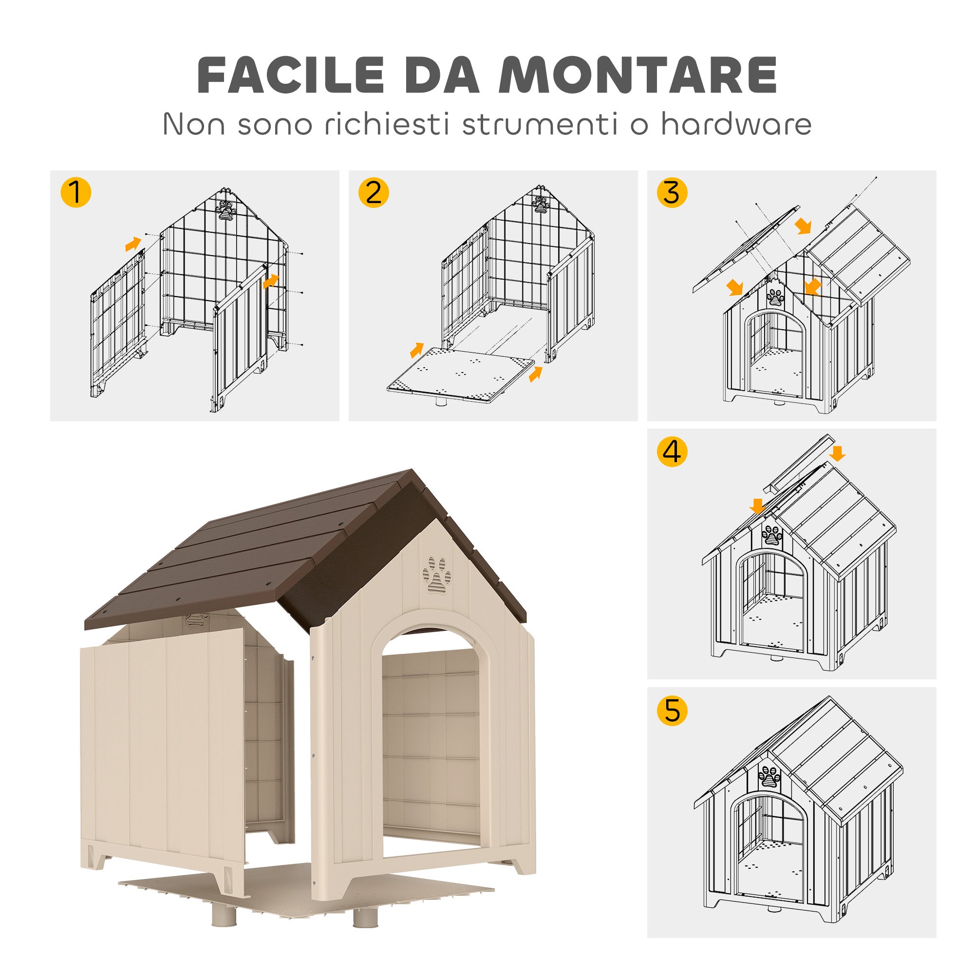 PawHut Raised Dog Kennel with Sloped Roof and Air Vents, PP, 88x78x89 cm, Beige and Dark Brown