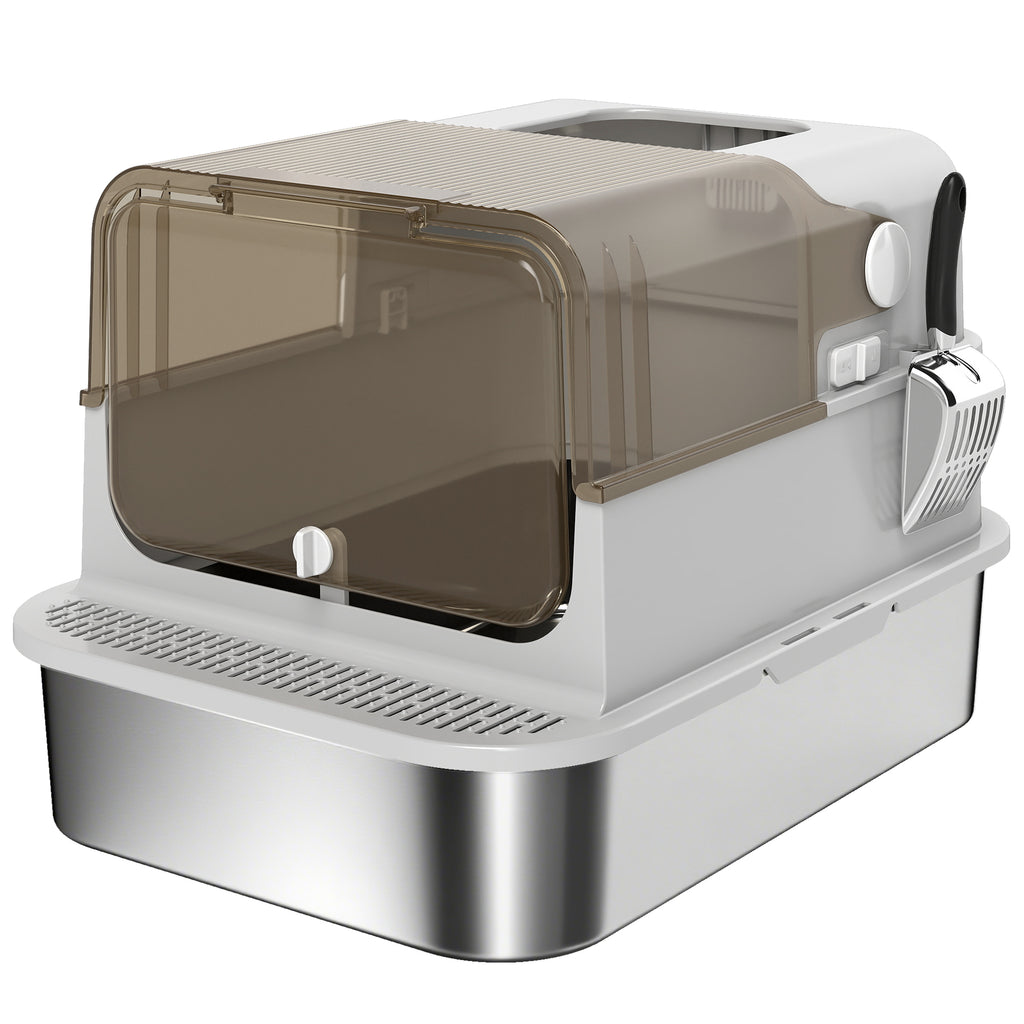 XXL Stainless Steel Enclosed Cat Litter Box, 90° Opening Lid and Double Doors, 70x50x46.5 cm, Grey