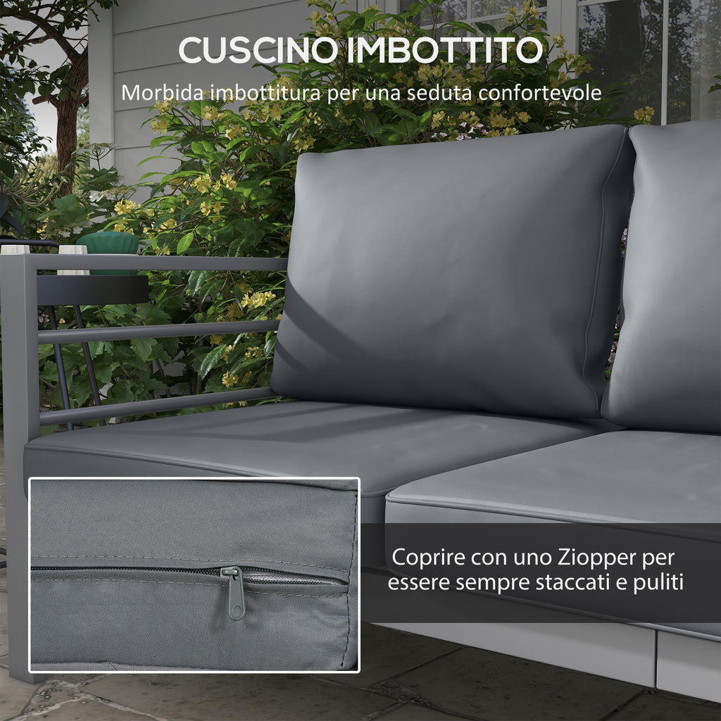 Mystery | 3-seater garden sofa with seat and back cushions, in aluminium, 185x66x64 cm, gray - Borgè