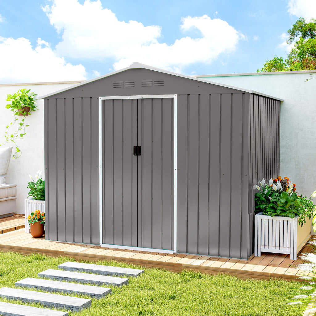 Outsunny 2.3x1.7 m Steel Garden Shed with Air Vents and Double Sliding Door, Wood Effect