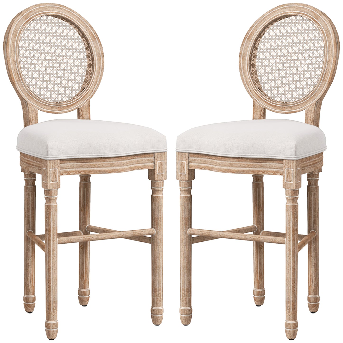 Homcom Set 2 bar stools with back, cushions and footrests, in wood and polyester, 48x56x118 cm, cream - Borgè