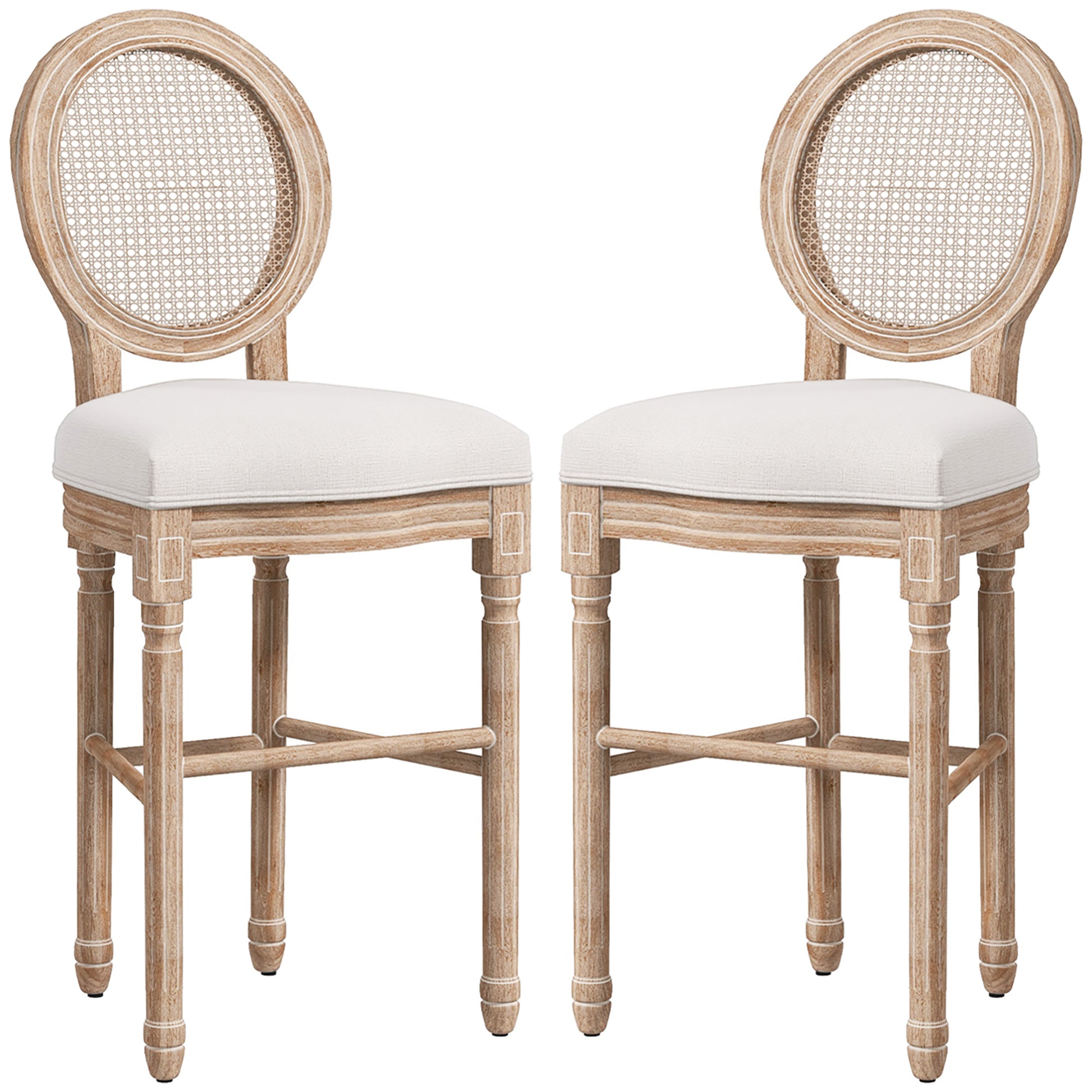 Homcom Set 2 bar stools with back, cushions and footrests, in wood and polyester, 48x56x118 cm, cream - Borgè