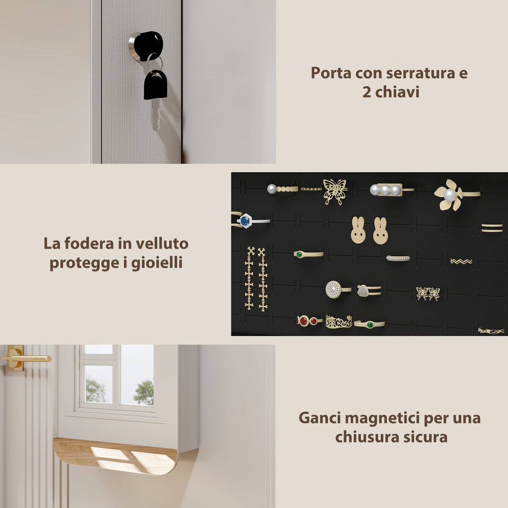HOMCOM Wall-Mounted and Door-Mounted Jewelry Mirror with Illuminated Interior Mirror and Lock, 37x10x120 cm