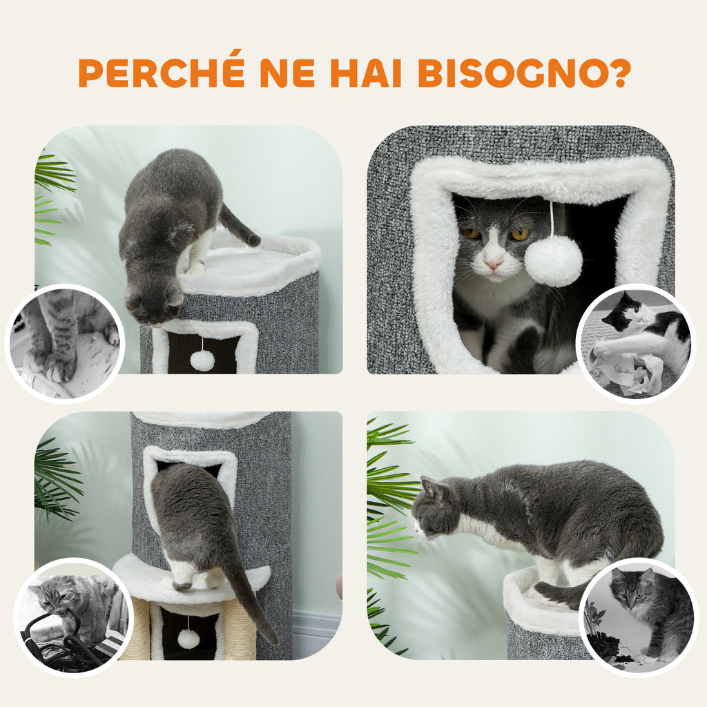 Cat Scratching Tree, 76 cm Tall, with Houses, Bed, Balls and Sisal Posts, Grey
