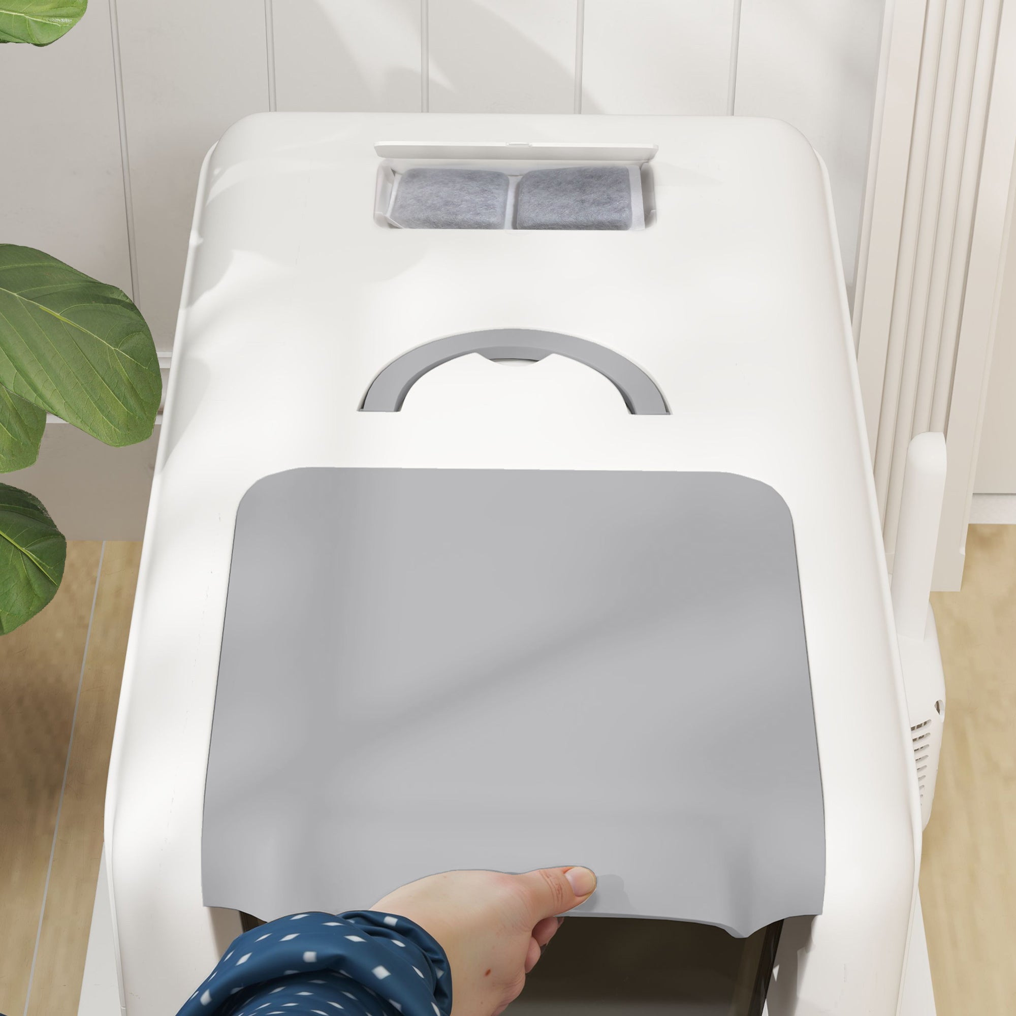 Enclosed Cat Litter Box with Steel Tray, Scoop and Filter Bags, PP, 40.5x60.5x41.5 cm, White and Silver