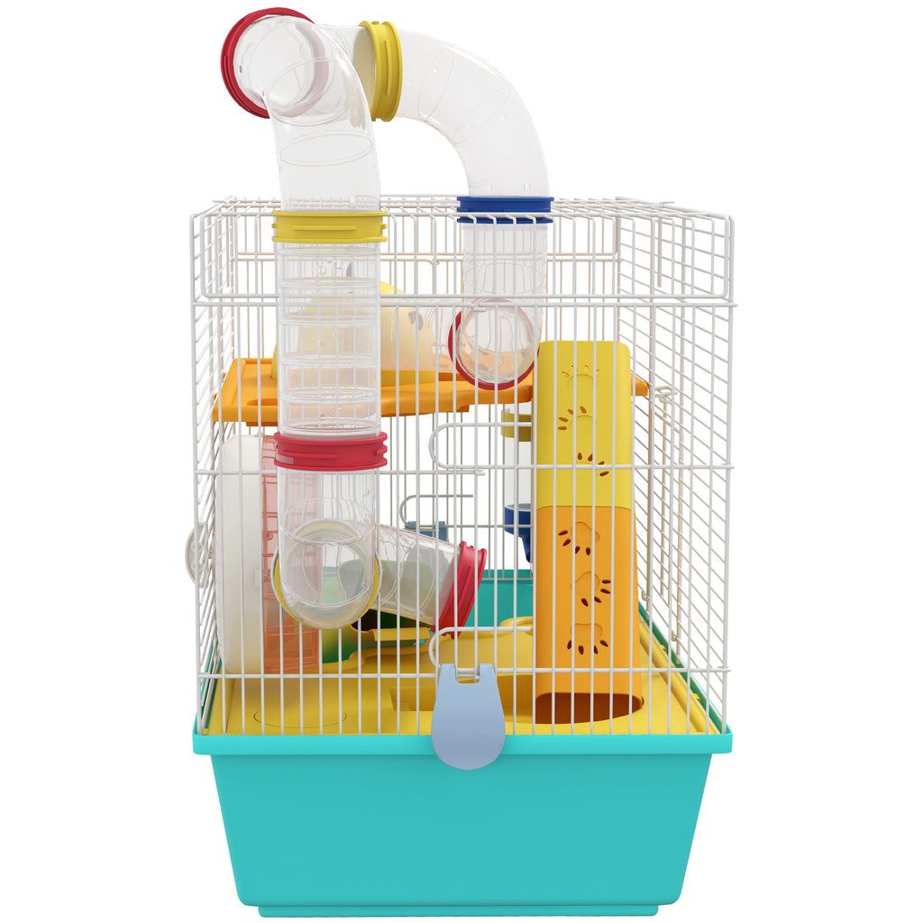 PawHut Hamster Cage with Wheel, House, Bowl, Ramps and Tank, in Steel, PS and PP, 45x28x37 cm, White and Blue