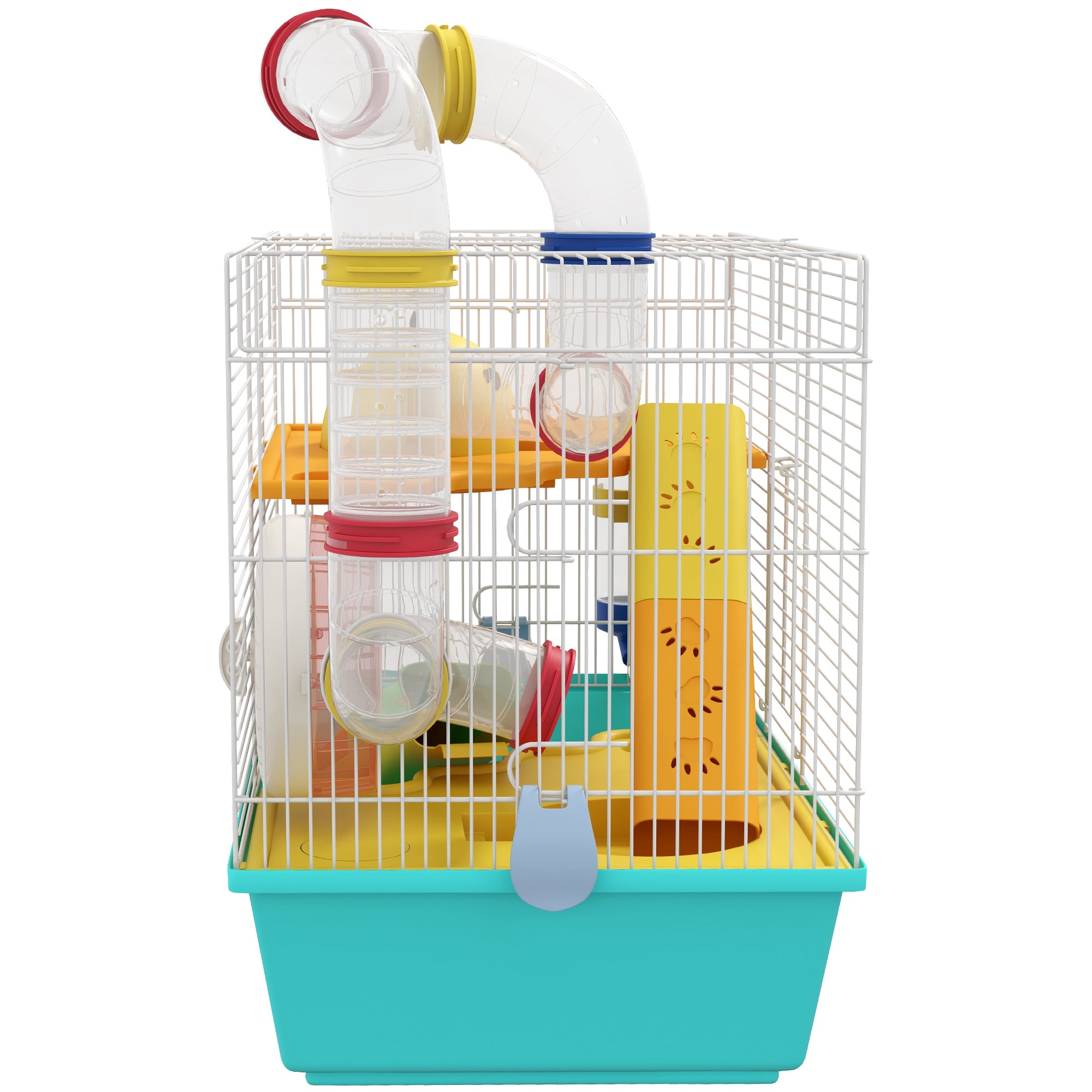 PawHut Hamster Cage with Wheel, House, Bowl, Ramps and Tank, in Steel, PS and PP, 45x28x37 cm, White and Blue