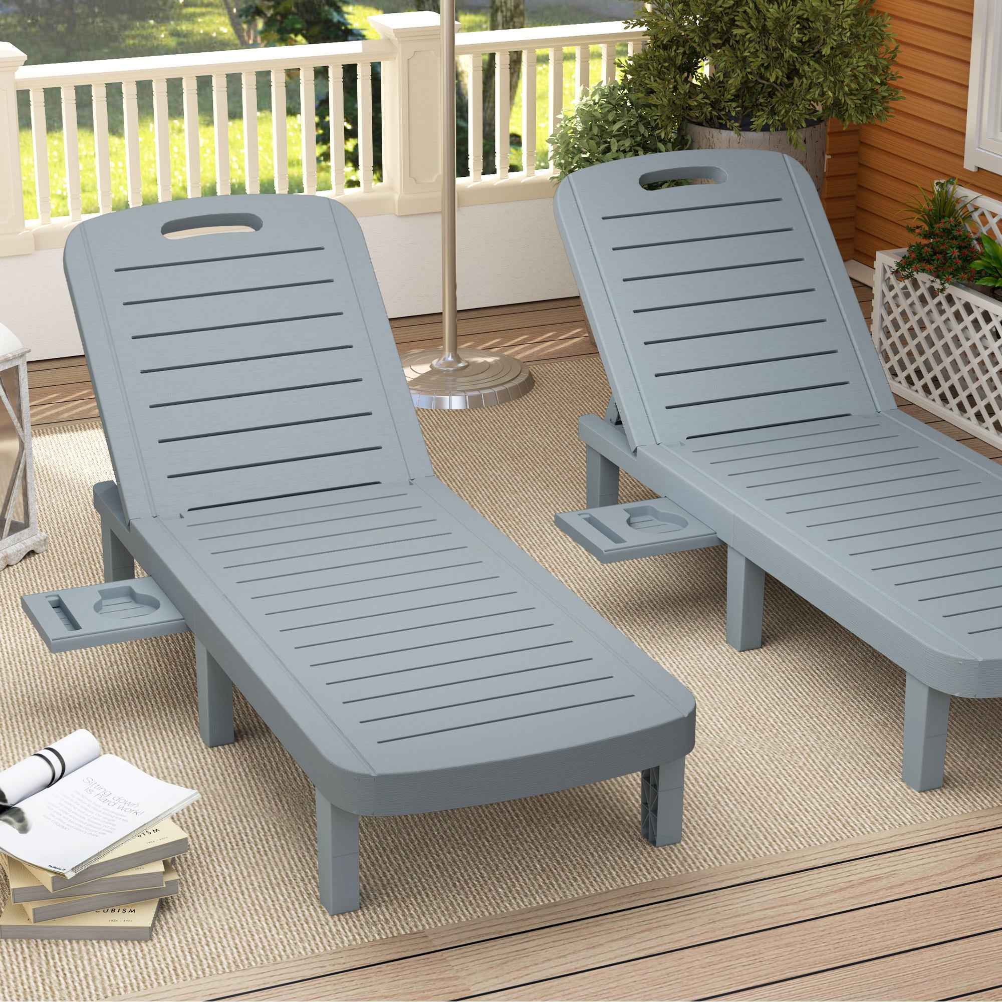 Outsunny Set of 2 Sun Loungers with Adjustable Backrest and Trays, in Polypropylene, 62x158x88 cm, Dark Grey
