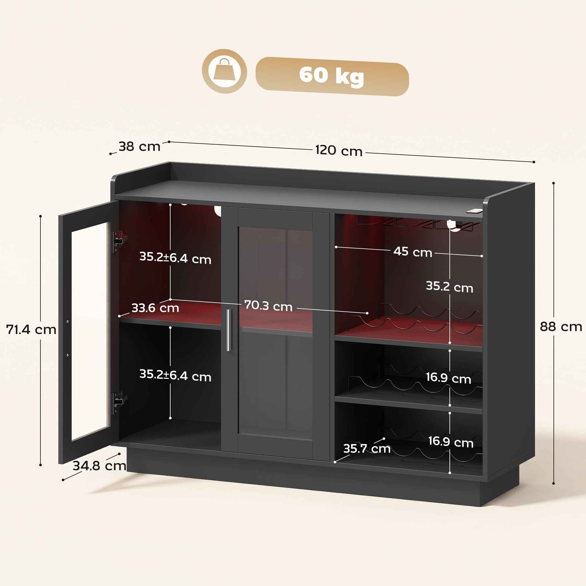 HOMCOM Wine Rack with LED Light and Adjustable Shelf, Wood and Glass, 120x38x88 cm, Black