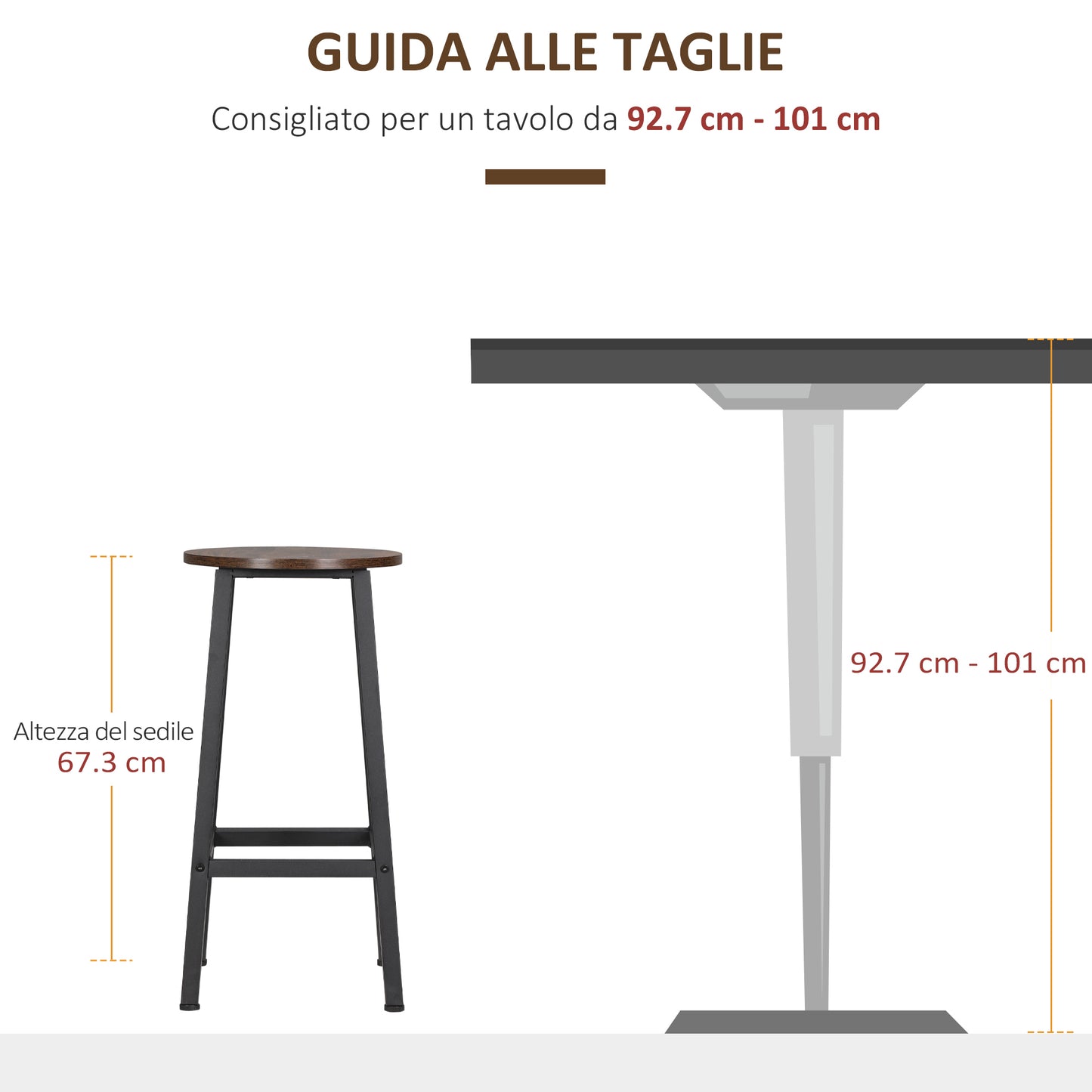 Set of 2 Kitchen Stools in Chipboard and Steel with Smooth Top and Footrest, 32.5x32.5x65 cm, Brown