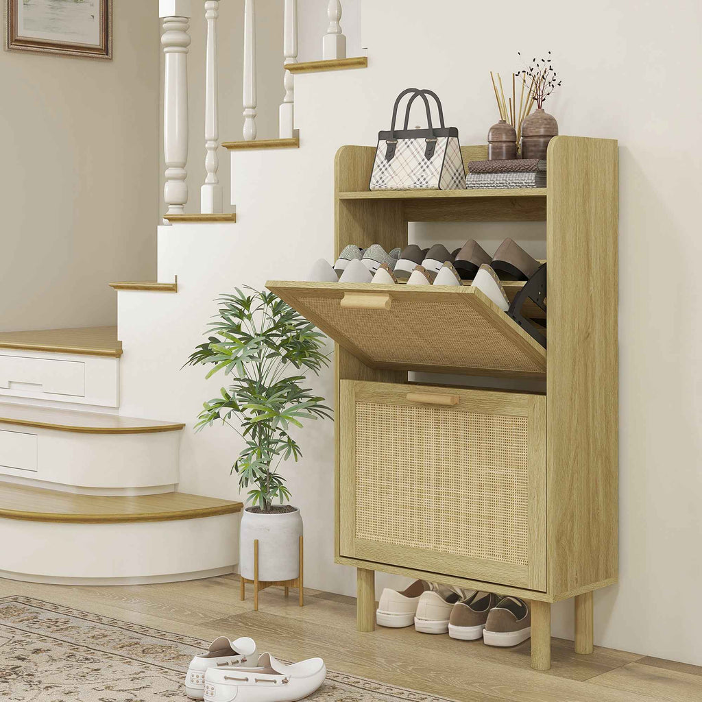 HOMCOM Narrow Entryway Shoe Rack with 2 Folding Drawers, Adjustable Shelves and Top, Oak