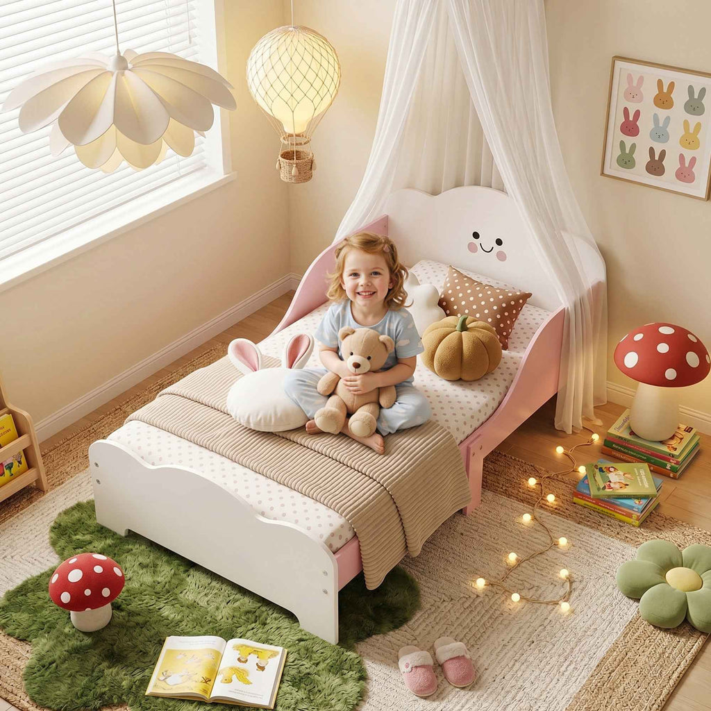 AIYAPLAY Montessori Bed for Children Ages 3-6, Wooden Bed with Raised Edges and Cute Prints, for Children's Bedroom, Pink