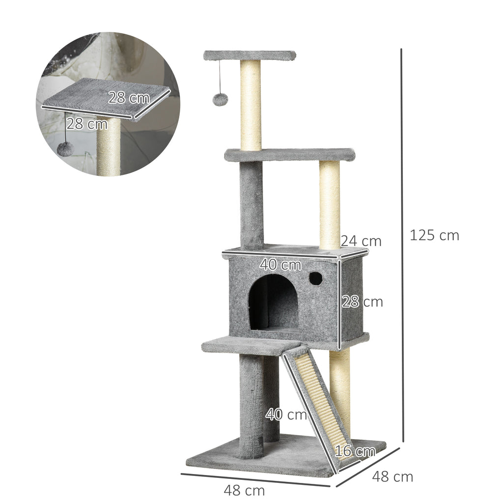 Multi-Level Cat Tree with House, Ladder, Ball and Sisal Posts, 48x48x125 cm, Grey