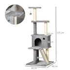 Multi-Level Cat Tree with House, Ladder, Ball and Sisal Posts, 48x48x125 cm, Grey