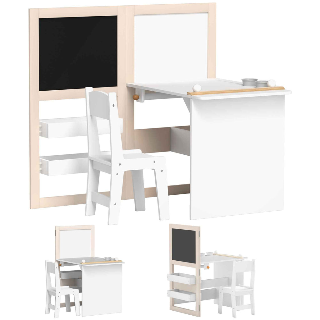 AIYAPLAY Kids Table and Chair Set for 3-8 Years Old with Blackboard, Whiteboard, Storage Containers and Paper Roll, White