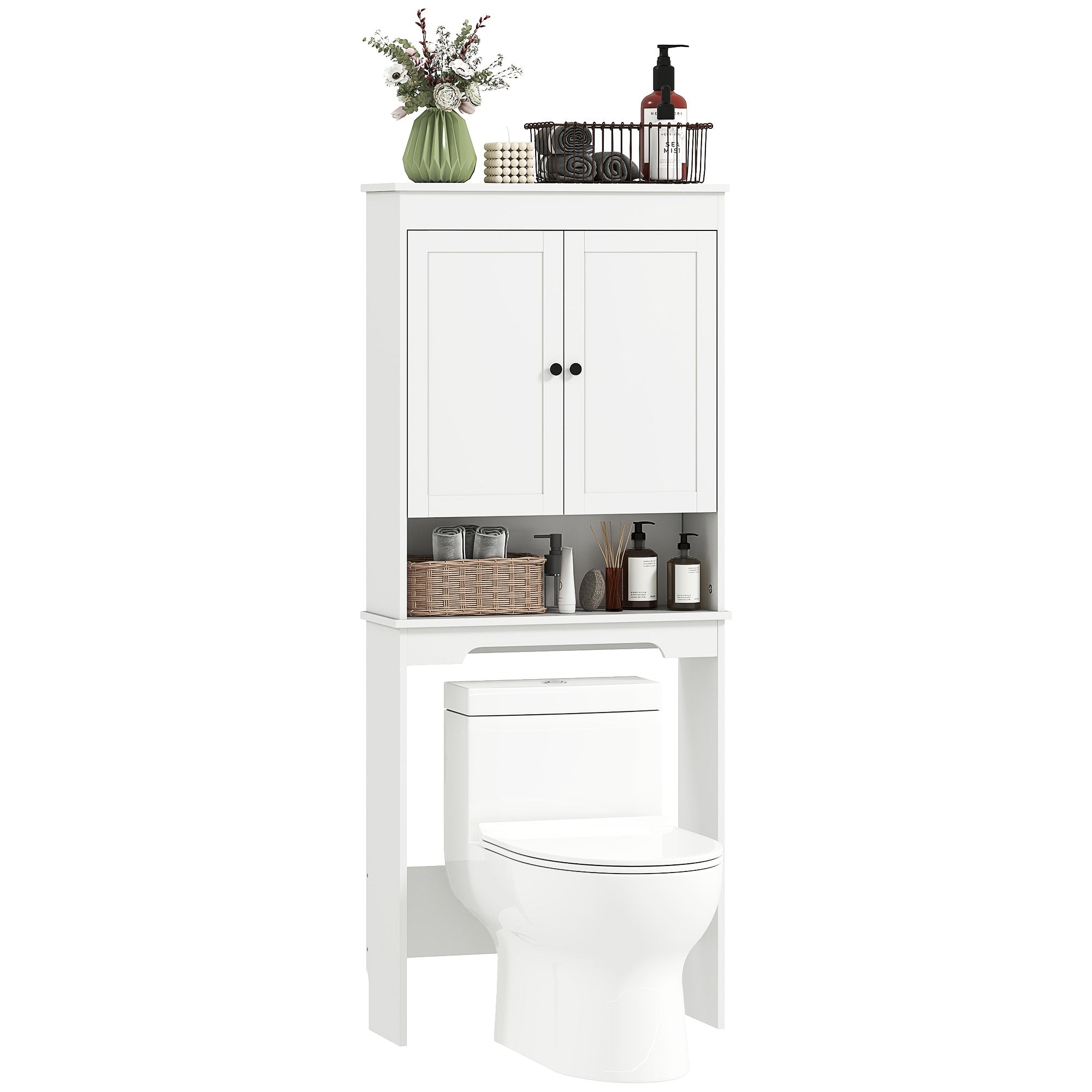 Over-the-Toilet Cabinet with 3 Closed Shelves and Open Shelf, Wooden, 65x22x161 cm, White
