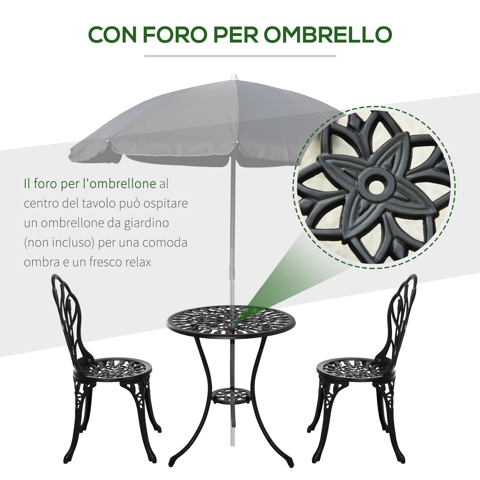 Garden Set : 3-Piece Aluminum Garden Set with 2 Chairs 42.5x47.5x89 cm and Round Coffee Table Ø60x67 cm, Black - Borgè