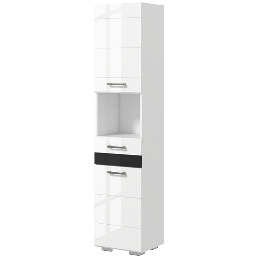 Kleankin Bathroom column in MDF with open shelf, drawer and locked locker, 37x32.5x170 cm, white - Borgè