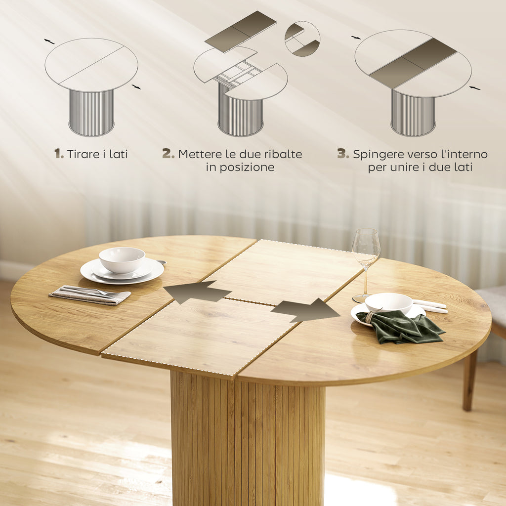 Expandable Round to Oval Pedestal Table for 6-8 People, Wood and Steel, Wood Color