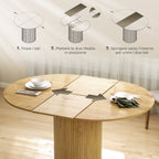 Expandable Round to Oval Pedestal Table for 6-8 People, Wood and Steel, Wood Color