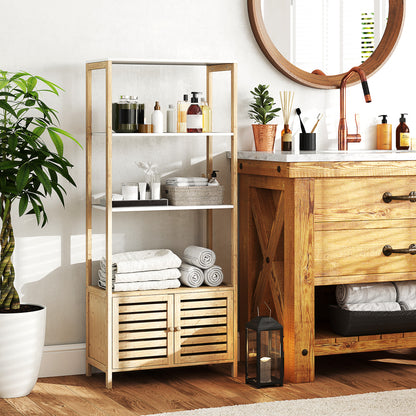 Bamboo Bathroom Cabinet with 3 Shelves and Lower Cabinet, 63x30x138 cm, Wood and White Color