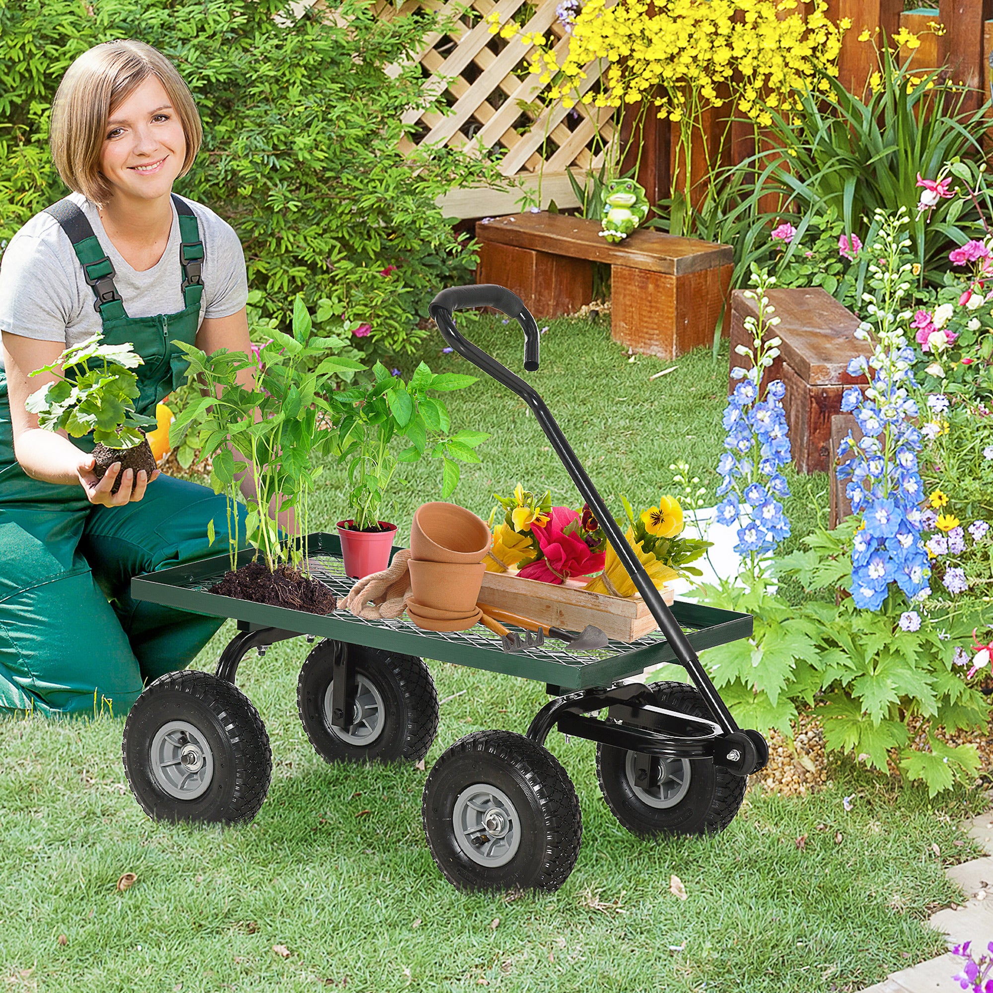 Steel Garden Trolley with 150 kg Capacity and Coated Handle, 94x48.5x100 cm, Black and Green