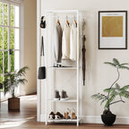 2-Tier Coat Rack with Shoe Rack, Clothes Rail, 4 Hooks, Top Shelf, 52x30x180 cm, White