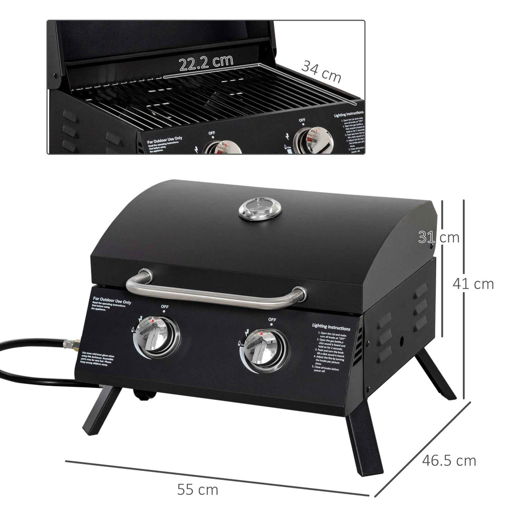 Outsunny Folding Gas Barbecue with Lid, Thermometer and 2 Steel Burners, 55x46.5x41 cm, Black