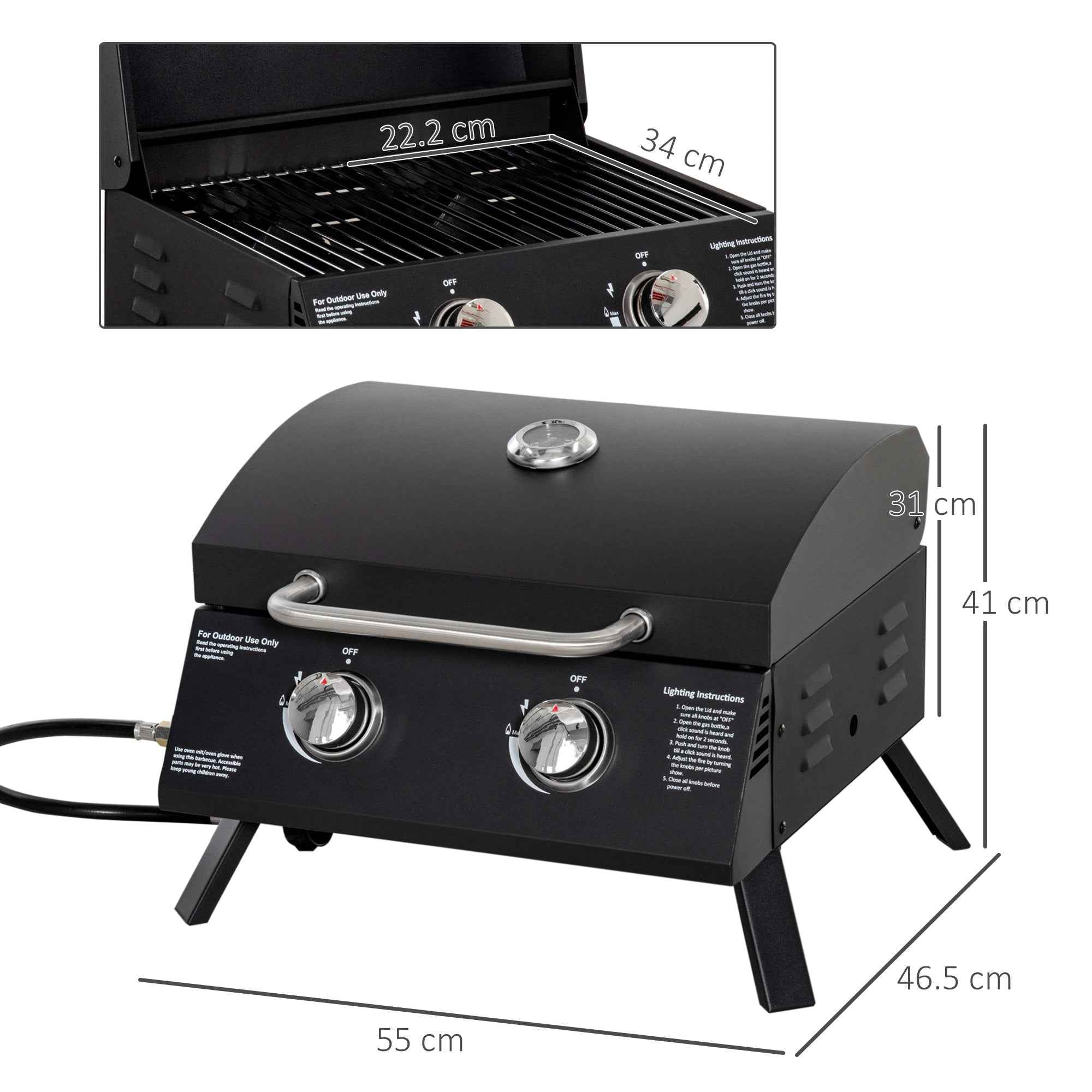 Outsunny Folding Gas Barbecue with Lid, Thermometer and 2 Steel Burners, 55x46.5x41 cm, Black