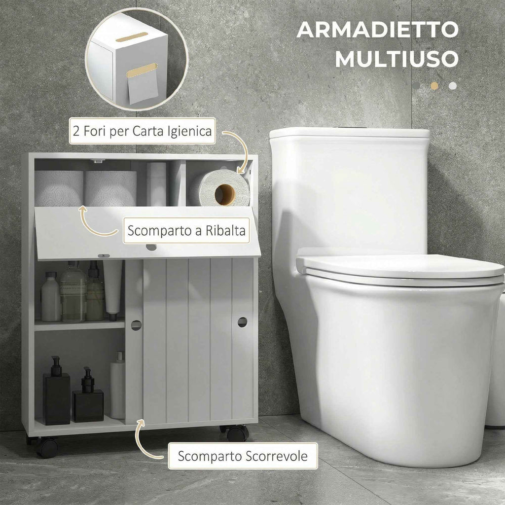 kleankin Narrow Bathroom Cabinet with Wheels, Sliding Doors, Adjustable Shelves and 2 Toilet Paper Holders, White