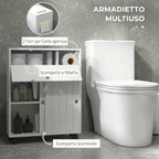 kleankin Narrow Bathroom Cabinet with Wheels, Sliding Doors, Adjustable Shelves and 2 Toilet Paper Holders, White