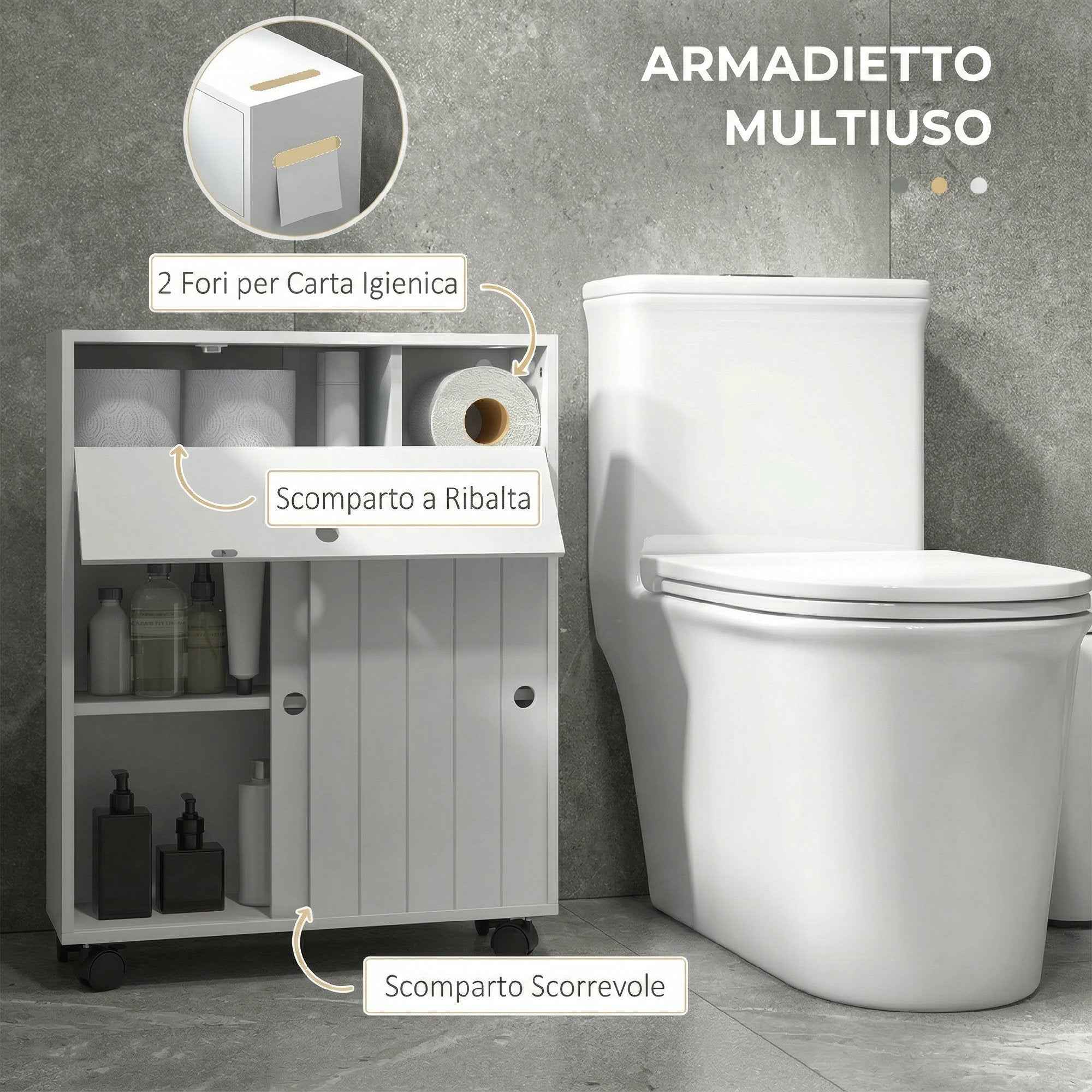 kleankin Narrow Bathroom Cabinet with Wheels, Sliding Doors, Adjustable Shelves and 2 Toilet Paper Holders, White