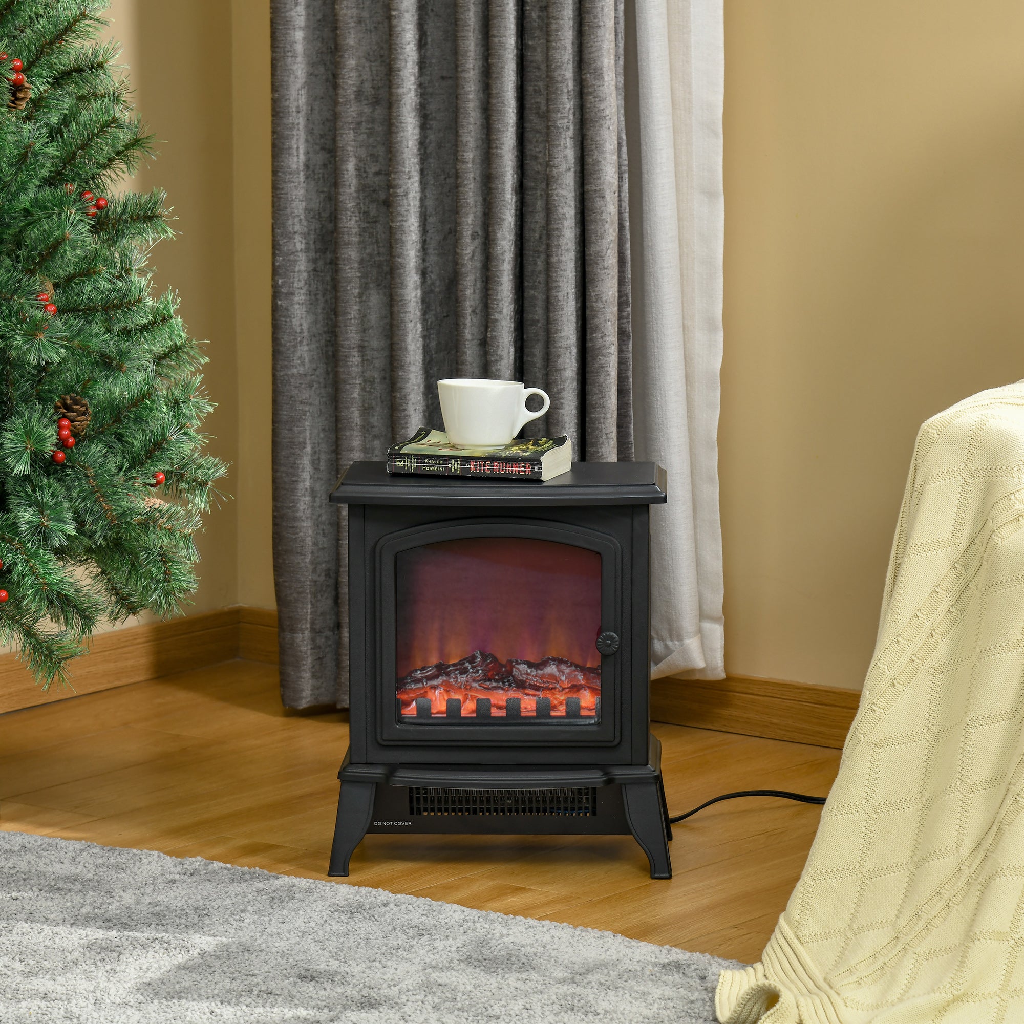 Portable Electric Fireplace 1000W/2000W with Flame Effect, ABS and Tempered Glass, 36.5x24x45.5 cm, Black