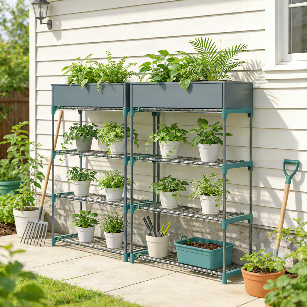 Outsunny Set of 2 4-Tier Steel Plant Shelves with Hooks, 90x28x104 cm, Green