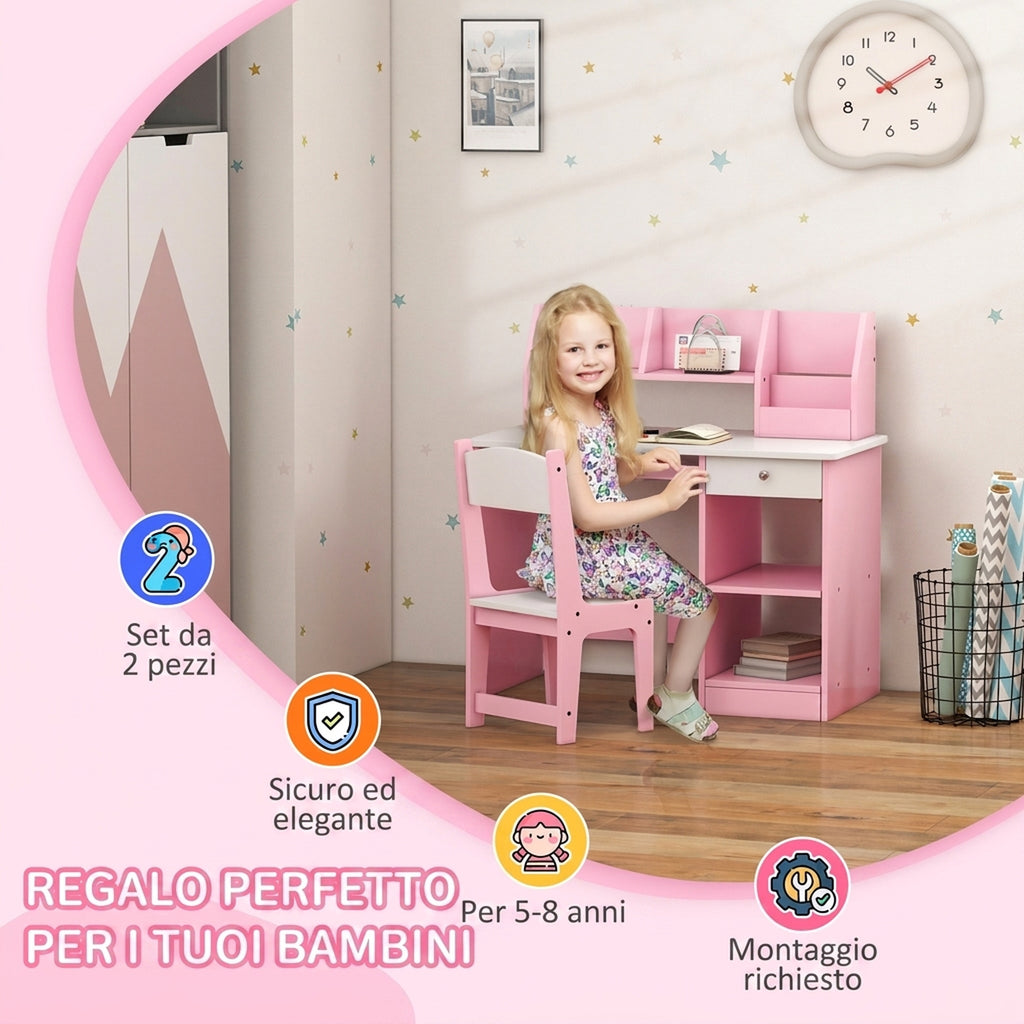 ZONEKIZ Children's Desk Table for 5-8 Years Old with Chair, Bookshelf, Pull-Out Shelf and Drawer, Pink